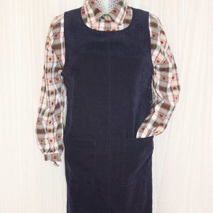 1990s Vintage Up to Size XL Navy Overalls Side Button Smock Shift Knee Length